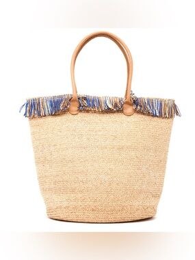 Bahia Astrid Raffia Braided Boucle Beach tote Bag Straw Fringe Natural/Blue